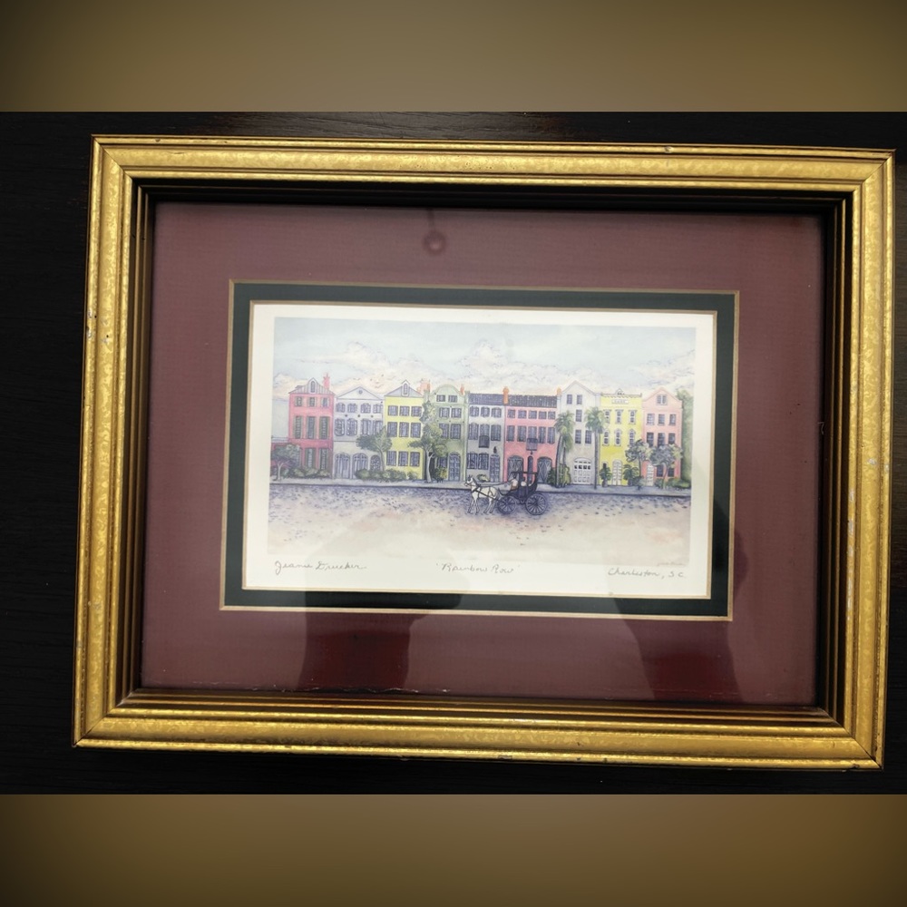 Vintage framed 8 x 10 print Rainbow Row Charleston, SC. Signed by Jeanie Drucker